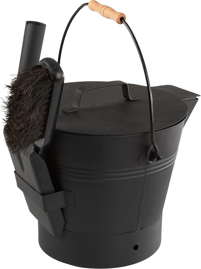 Pure Garden Ash Bucket with Lid, Broom, and Shovel, Black, 11”x12.2”x11” | 2.11-Gallon Metal Bucket for Fireplace or Firepit Ashes, Fireplace Tools