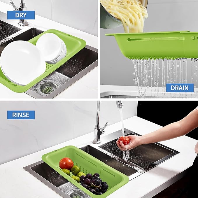 LASSHSWA Collapsible Colander and Strainer for Kitchen, Over the Sink Strainer Basket for Kitchen, Fruit Pasta Food Strainer Expandable Plastic Colander with A Sink Drain Strainer Stainless Steel