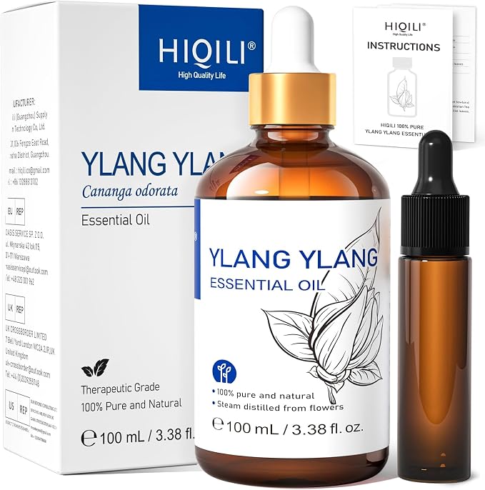 HIQILI Ylang-Ylang Essential Oil for Diffuser, Perfumes, Aromatherapy | With 10ml Travel Bottle, Long-Lasting Scent to Fresh, Floral Scent for Home & Living Spaces - 100ml / 3.38 fl oz