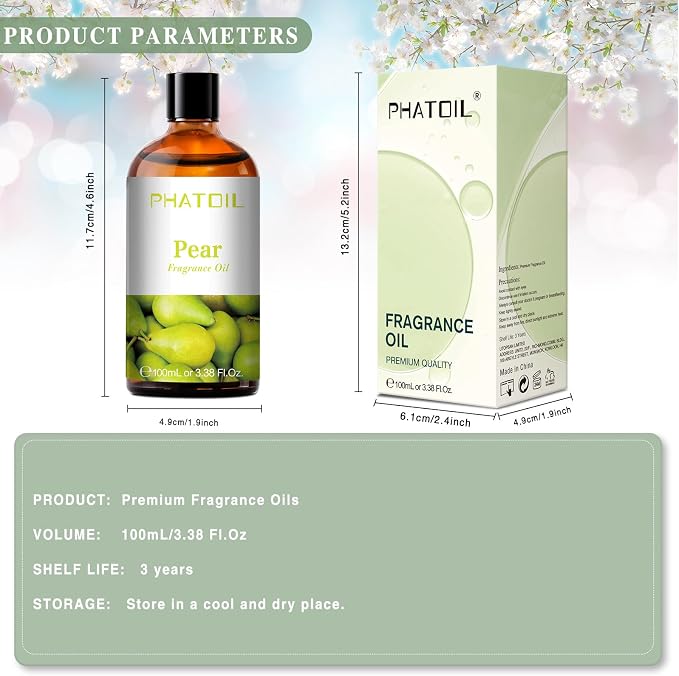 PHATOIL Pear Fragrance Oil for Diffuser Aromatherapy 3.38FL.OZ | Long Lasting Scented Oils For Humidifier, Air Freshener, DIY Soap Candle, Scent Project Making, Aroma Oil for Home Freshening