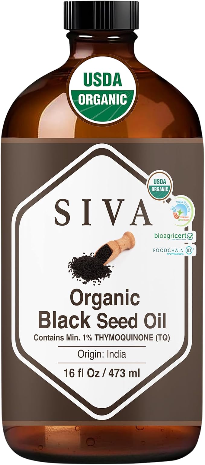 Siva Organic Black Seed Carrier Oil, Large Size, 16 Fl Oz (473 ml) | Organic Black Seed Oil for Hair Care, Hair Oiling, Scalp Massage, Skin Care, Body Massage & DIY Recipes in Glass Bottle