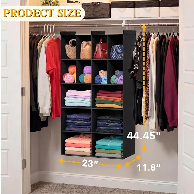 5 Tier Hanging Closet Organizer, 14 Compartments Dual Row Storage, Black | Closet Organizers and Storage with Large & Small Pockets, 3 Sturdy Hooks Support Heavy Loads, Ideal for Dorm, Garment Rack