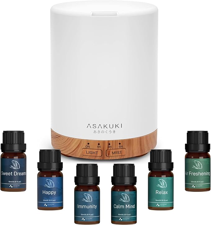 ASAKUKI Essential Oil Diffuser for Home with 6 Essential Oil Sets | 300ml Quiet Diffuser with Automatic Shut-Off, 7 LED Lights for Living Room, Kitchen, Bedroom, Hotel