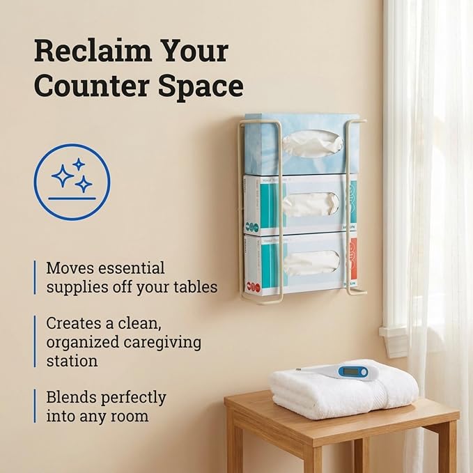 Triple Glove Box Holder for Wall Mount, Metal Dispenser - PERFORMORE | Disposable Glove Dispenser, Holds 3 Boxes, Powder-Coated Wire Rack, Fits Tissue Boxes, Hardware Included, White