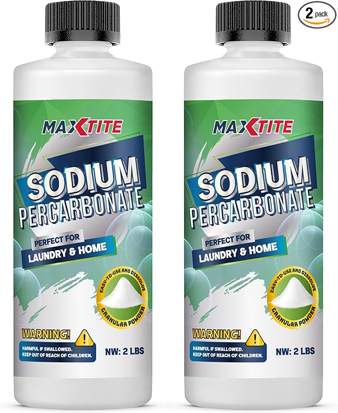 MAXTITE Sodium Percarbonate (4 lbs total - 2 pack of 2 lbs bottles) - 100% Pure - Solid Hydrogen Peroxide/Oxygenated Bleach - Multi-Use Cleaner for Home & Laundry, Resealable Child Resistant Cap