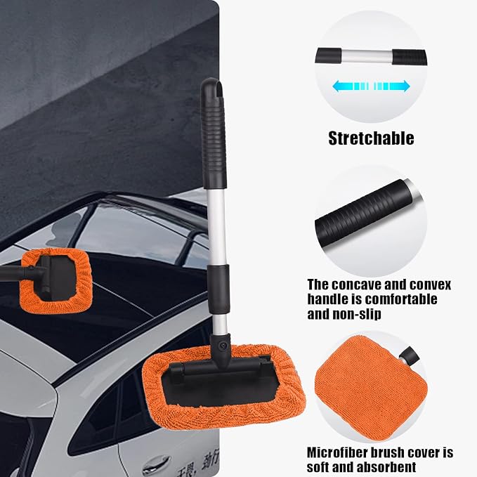 Car Glass Cleaner Wiper,Windshield Cleaning Tool, Microfiber Window Cleaner with Extendable Handle,Auto Glass Wiper Kit(Orange Square)