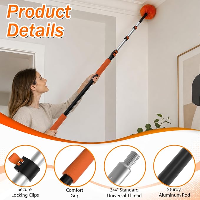 SISUPASSIE 26FT Reach High Ceiling Duster Kit, Window Cleaning kit with 5-20FT Extension Pole, Fan Duster for Ceiling Fan Blades, Microfiber Feather Duster, Rotatable Window Squeegee and Cobweb Duster
