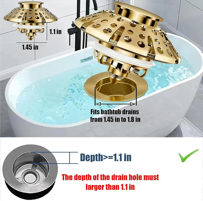AzWzz Bathtub Drain Stopper, Pop Up Tub Stopper Plug with Bathtub Drain Hair Catcher Cover, Universal for 1.45 in to 1.8 in Tub Drain, Brushed Gold