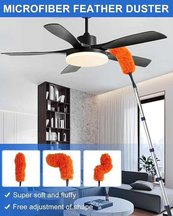 26 Foot High Reach Duster Kit with 5-20 ft Telescoping Extension Pole, High Ceiling Duster, Cobweb Duster, Window Squeegee, Feather Duster, Outdoor & Indoor Extendable Duster Cleaning Kit