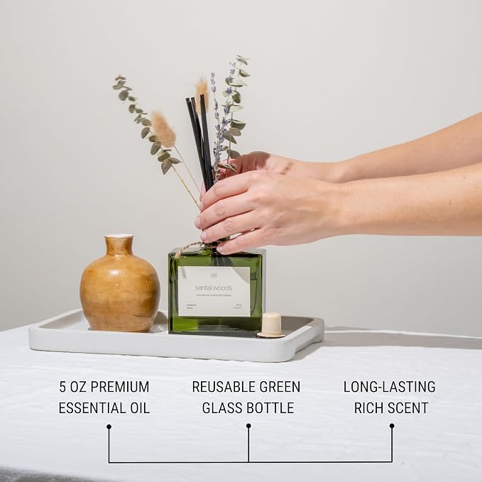 Craft & Kin Premium Santal Woods Reed Diffuser with Dried Flowers – 5 oz Essential Oil Diffuser for Home & Bathroom – Long-Lasting Fragrance Diffuser Sticks – Room Decor Air Freshener