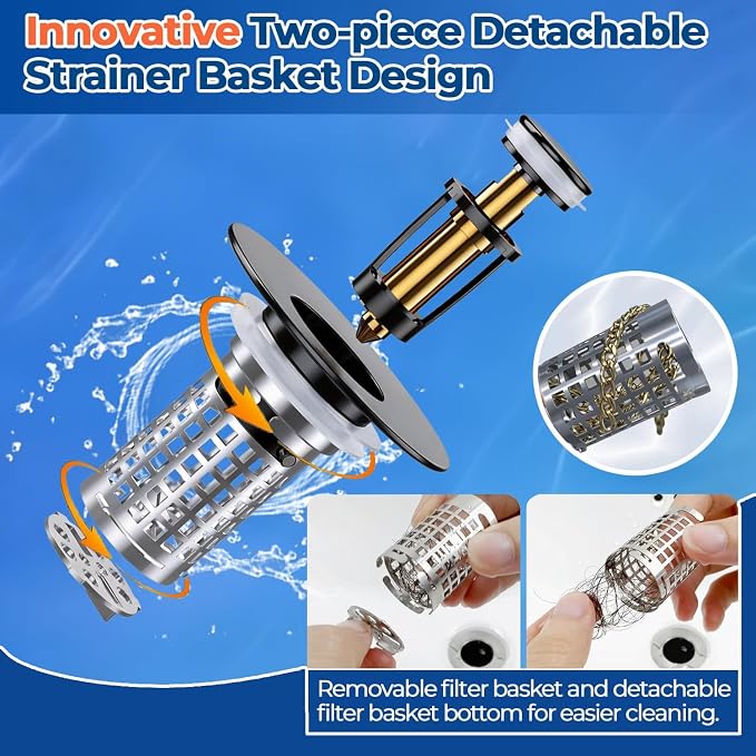 Bathroom Sink Drain Strainer (2Pack), Stainless Steel Pop-up Strainer Basket Hair Catcher with Removable Basket, Brass Bullet Core, Universal Fit 1.1-2.36 Inch
