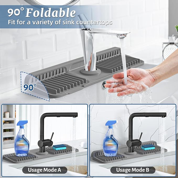 PoYang 17.7 inch Faucet Mat for Kitchen Sink Splash Guard, 7° Slope Silicone Sink Water Splash Guard for Kitchen Sink Area with Snap Button, Long Sink Protectors for kitchen Sink Sponge Holder, Grey