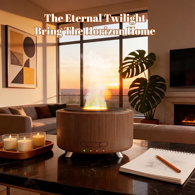 500ML Retro Vinyl Essential Oil Diffuser for Home | 3D flame effect & 9 colors. 500ml tank lasts 14H for deep sleep. BPA-free with auto-off ensures safety for babies and pets.
