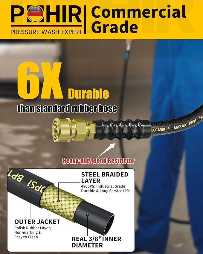 3/8" Pressure Washer Hose 70FT 4800PSI, Power Washer Hose Steel Wire Braided with Swivel Quick Connect, Commercial Grade Industrial High Pressure Water Washing Hose (4800PSI, 70FT)