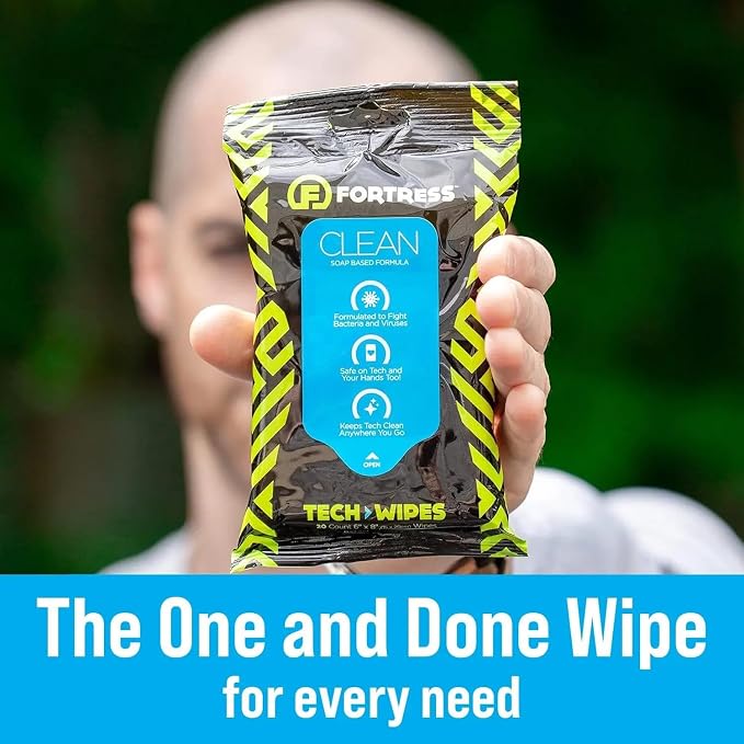 Fortress Electronic Wipes With Microfiber Cloth (25 ct.) To-Go Tech Wipes for Screens, Phones, Keyboards, TV Monitors, Computer Screens, and More [Travel Size] Skin-Safe