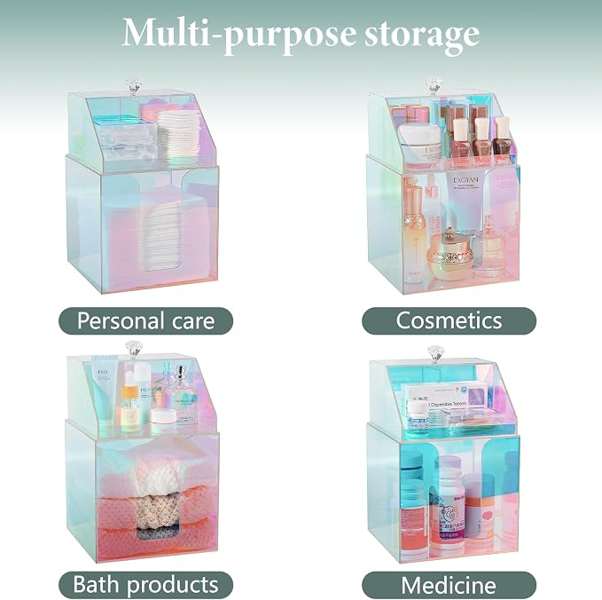 Disposable Facial Towels Storage Double Layer Acrylic Box, Glossy Rainbow | Face Towelettes Holder with Clean Skin Club Clean Towel XL Cotton Pads Container Qtip Bin for Bathroom Counter