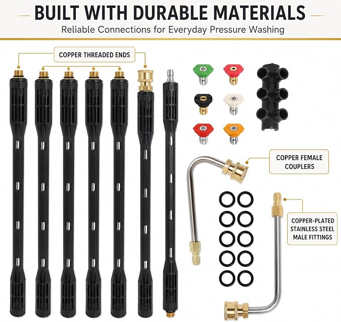 Upgraded Pressure Washer Extension Wand with 6 Tips,Up to 115in | 4000 PSI Gutter Cleaner Attachment ,1/4"Quick Connect, Leak-Resistant Ring