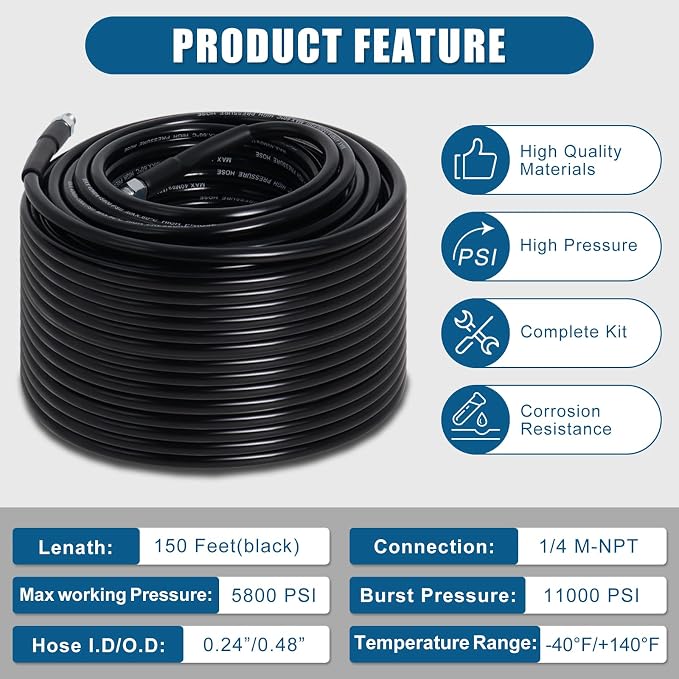 150FT Sewer Jetter Kit for Pressure Washer 5800PSI Drain Cleaner | 1/4" NPT Drain Cleaning Hose with 4 Jetting Nozzles Handle Strap and Accessories for Long Reach Cleaning