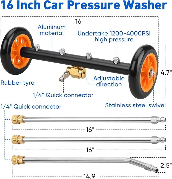 2-in-1 16'' Undercarriage Pressure Washer Water Broom, 4000PSI Cleaner | 4 Replaceable Nozzles Under Car Pressure Washer Attachment with 3 Pieces Extension Wand&Hub Brusher for Surface Power Washer