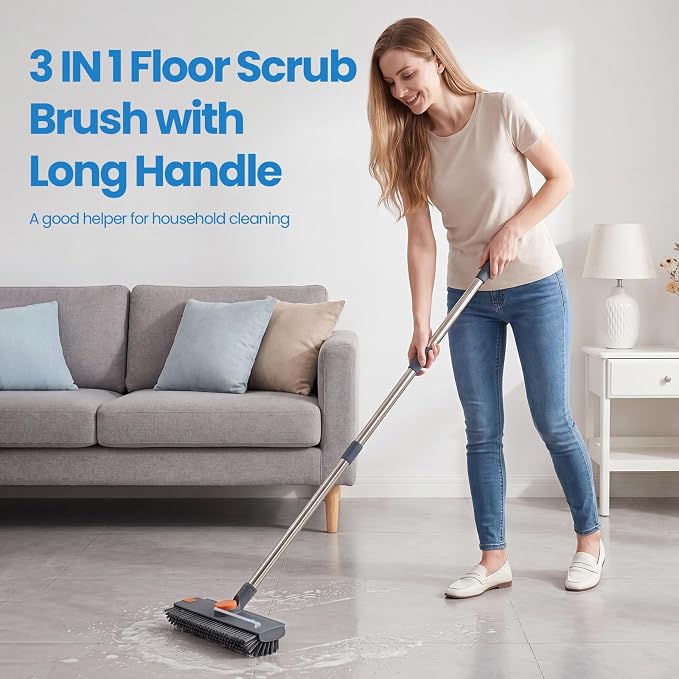 3 in 1 Floor Scrub Brush, Heavy Duty 90° Bristle with Squeegee (Gray) | 3 heights adjustable 360° brush head Perfect for bathroom, kitchen, garage & patio