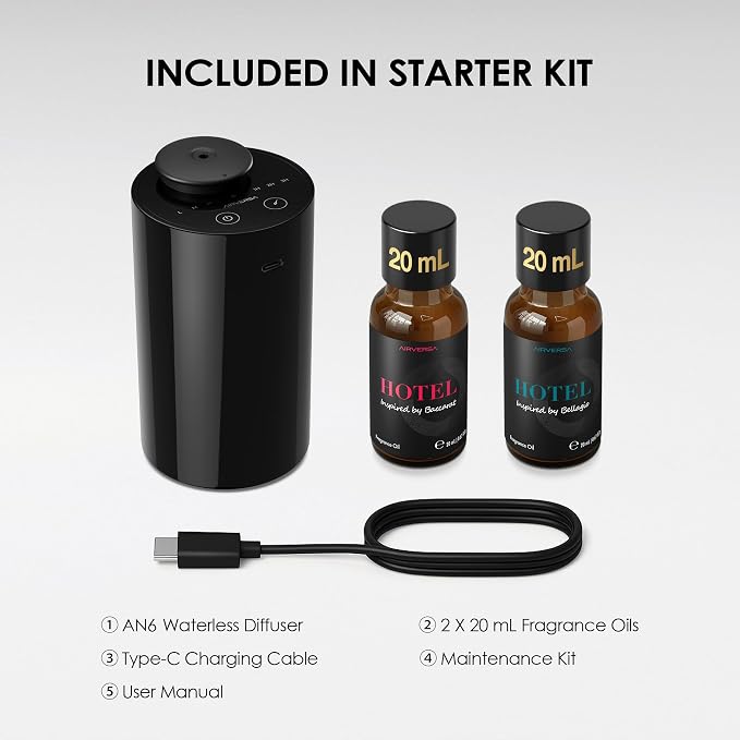 Airversa AN6 Waterless Essential Oil Diffuser Starter Kit, Black | 2X20 mL BLG+BCR Hotel Scent Fragrance Oil, Up to 600 sq ft, Battery Operated, Portable for Home Car Office, AN6Kit-2x20-B