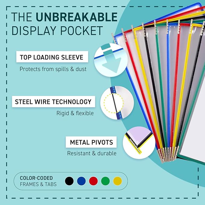 Tarifold Replacement Pivoting Pockets, Letter Size, Assorted, 10 Pack | 10 non-glare wire-reinforced PVC pockets hold 20 letter-size sheets, snap-on index tabs included, top-loading