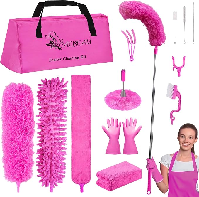 CALBEAU Microfiber Dusters for Cleaning, Dusters with Extension Pole | 15 PCS Feather Duster Kit for Ceiling Fan, Blinds, Cars, Furniture, High Walls; Pink Cleaning Tools, Gift for Women