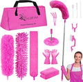 CALBEAU Microfiber Dusters for Cleaning, Dusters with Extension Pole | 15 PCS Feather Duster Kit for Ceiling Fan, Blinds, Cars, Furniture, High Walls; Pink Cleaning Tools, Gift for Women