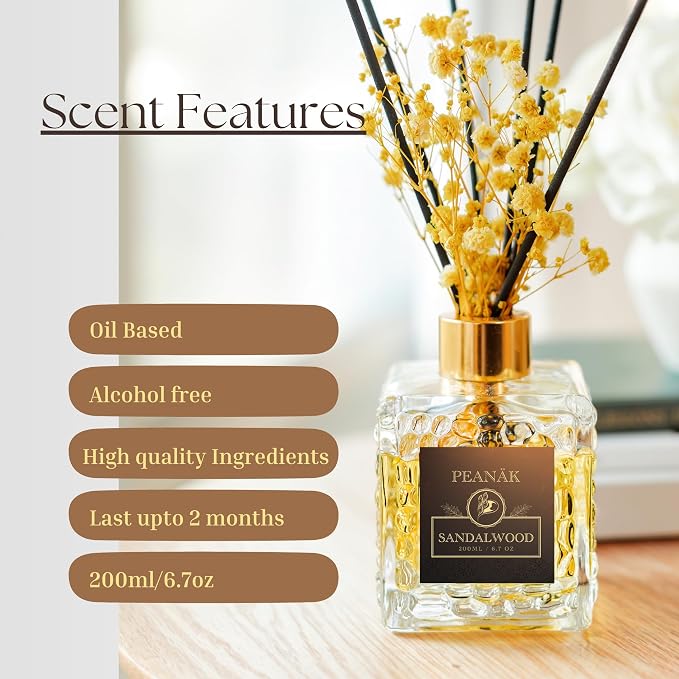 PEANÄK Set of 2 - Sandalwood Orange Fragrance Oil - Reed diffusers 6.7oz (200ml) 2 Pack of Long Lasting Scents for Home & Office,Living Room & Bathroom Shelf Decor and Gifts