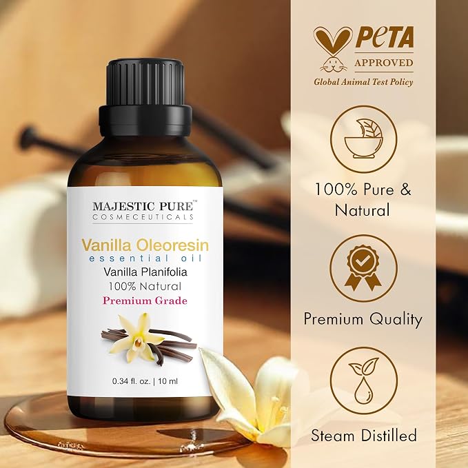 Majestic Pure Vanilla Essential Oil for Diffuser - 0.3 Fl Oz | 100% Natural Essentials Oils for Aromatherapy, Massage, Steam inhalation, Air Freshing, Soap and Candle Making