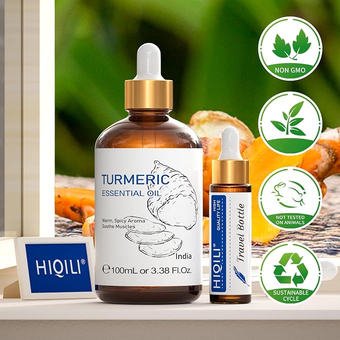 HIQILI Turmeric Oil for Face, Skin Care & Aromatherapy | With 10ml Travel Bottle, Dilute with Carrier Oil for Body & Scalp Massage, Ideal for DIY Crafts –100mL / 3.38 fl oz