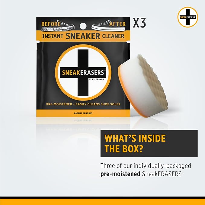 SneakERASERS Instant Shoe Cleaner Pre-Moistened Sponge, 3 Pack | Effective for White Sneakers, Tennis Shoes, Portable Shoe Cleaning Kit, Instant Sneaker Cleaner