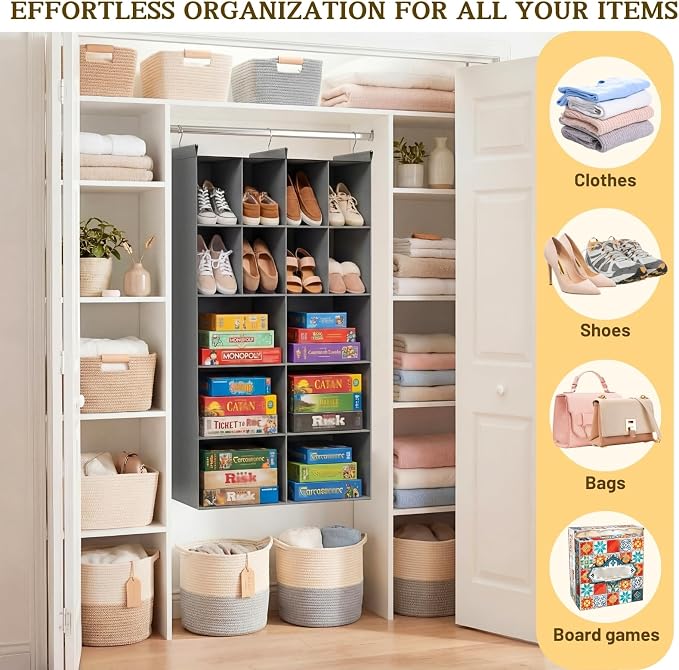 5 Tier Hanging Closet Organizer, 14 Compartments Dual Row Storage, Grey | Closet Organizers and Storage with Large & Small Pockets, 3 Sturdy Hooks Support Heavy Loads, Ideal for Dorm, Garment Rack