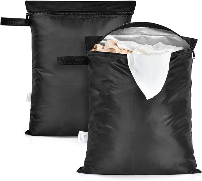 OTraki 12x16 inch Wet Bag 2Pcs Waterproof Swim Bag for Wet Clothes Small Swimsuit Dirty Clothes Laundry Bag Travel Machine Washable for Gym Beach Pool, Oxford Cloth with Handle & Zippered, Black