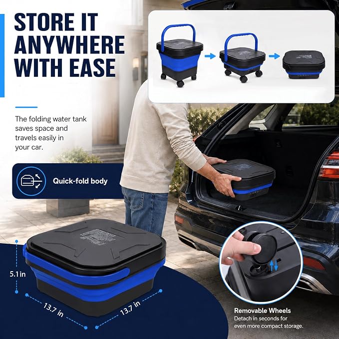 Portable Cordless Washer with 3.4Gal Tank, 580PSI, 7-Level Adjustable Sprayer, 360° Rotating Nozzle, 23FT Hose, 20000mAh Battery, Foldable Design with Wheels for Car, Camping, Garden (Blue)
