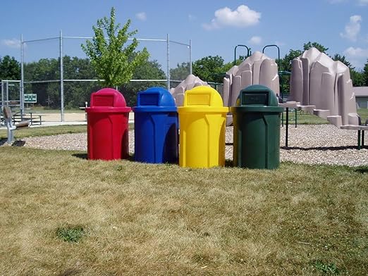 42 Gallon Round100% Recycled Plastic Heavy Duty Outdoo Trash Can with Push Lid and Internal Liner - Great for Schools and Businesses - Blue