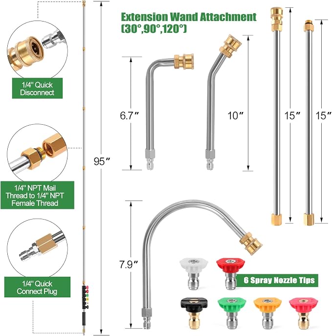 Gutter Cleaning Tools From the Ground, 9 Pack 8 FT Pressure Washer Extension Wand, Power Washer Lance With 6 Pressure Washer Spray Nozzle Tips, 30°, 90°, 120° Gutter Cleaner Curved Rod, 4000 PSI