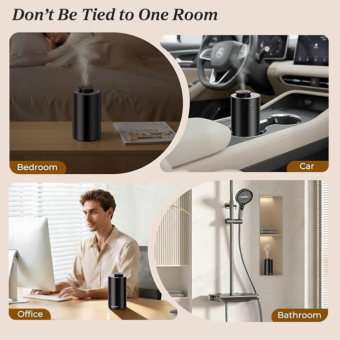 URPOWER Waterless Essential Oil Diffuser Cordless Mini Scent Diffuser 20mL | Includes 2 x 20mL Hotel-Inspired Essential Oils, Rechargeable Aluminum Waterless Diffuser for Car, Home & Office, Black