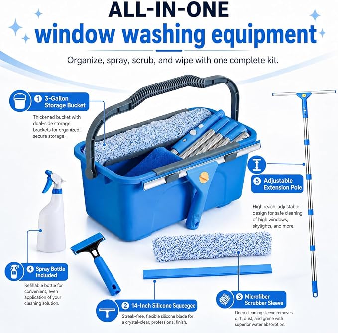 76“Professional Squeegee Window Cleaning Kit with Extension Pole | Streak-Free Silicone Blade,Smooth,Quiet Glide,Telescopic Handle for High & Hard-to-Reach Windows