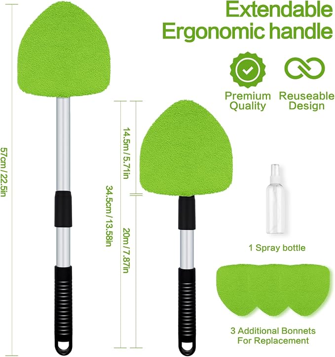 Windshield Cleaner Tool 22.5" L - Car Interior&Exterior Window Cleaning Kit with Extendable Handle&4 Microfiber Pads and Thick Large Wash Sponge, Auto Glass Wiper Brush Kit for Cars Home (7pcs Green)
