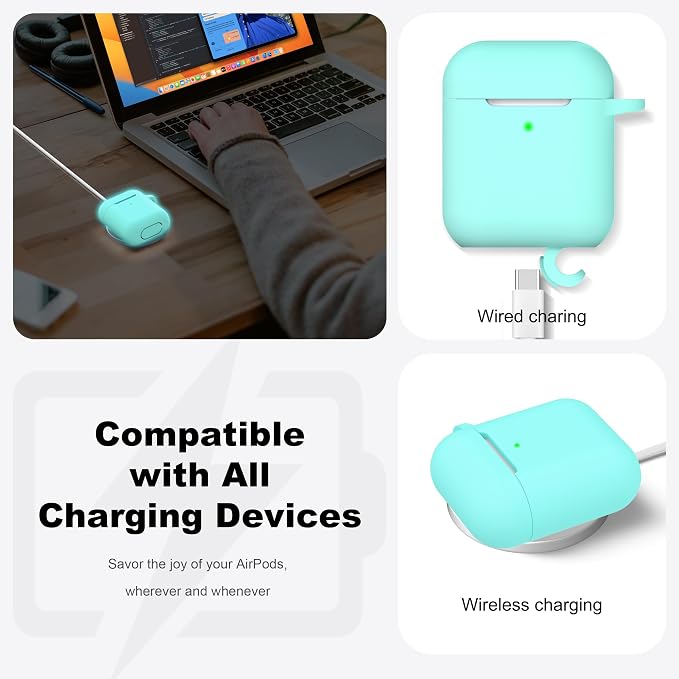 R-fun for AirPods 1/2 Case, Soft Silicone Protective Cover with Keychain and Cleaning Pen, Compatible with AirPods 2nd/1st Generation (2016/2019), Full Drop Protection Cover, Glow Blue