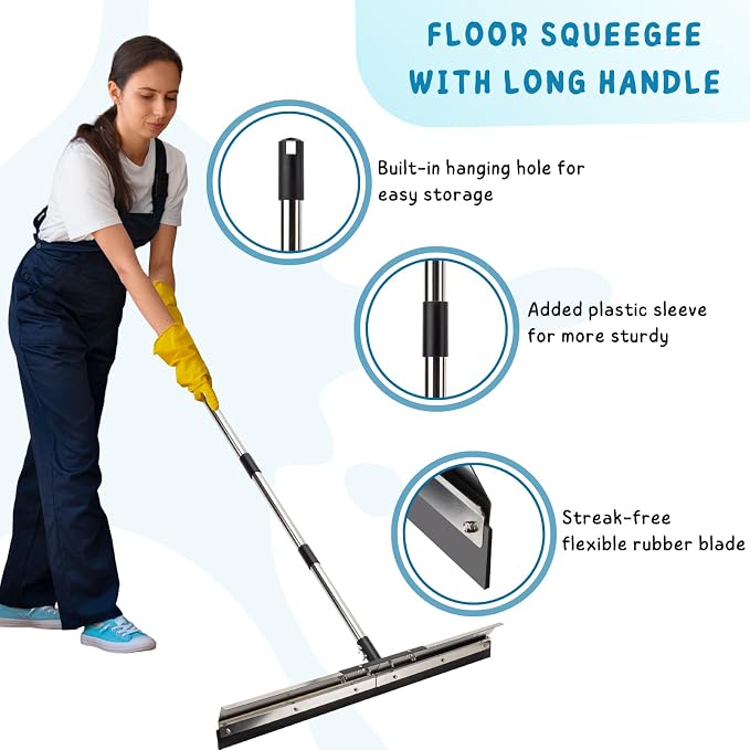 Floor Squeegee for Concrete Water Removal, 31'' Large Heavy Duty Water Pusher with Splash Guard for Garage, Deck, Driveway, Pool, Patio, Tile, 55.5’’ Long Handle Commercial Outdoor Rubber Squeegees