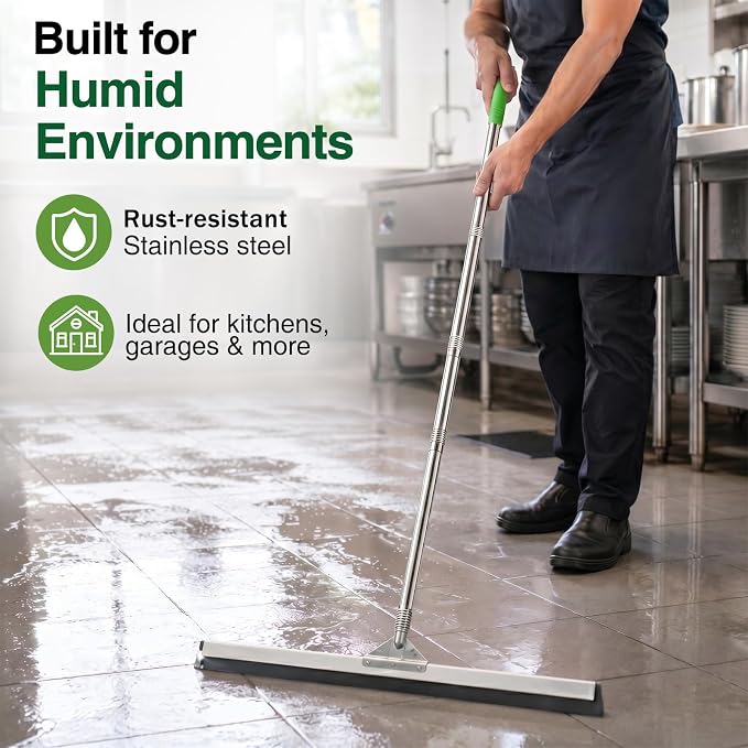 4 Pack 57.5-Inch Stainless Steel Floor Squeegee Replacement Handles, 3/4-Inch Acme Thread Poles with Non-Slip Grip and Hanging Cap for Commercial Cleaning, Green