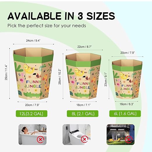 6-Pack Cardboard Trash Can – Foldable, Recyclable, Plastic-Free & Reusable Small Waste Paper Basket for Kids - Garbage Bin Perfect for Bedrooms, Playrooms, Children's Room & Outdoor (2.1 Gallon)