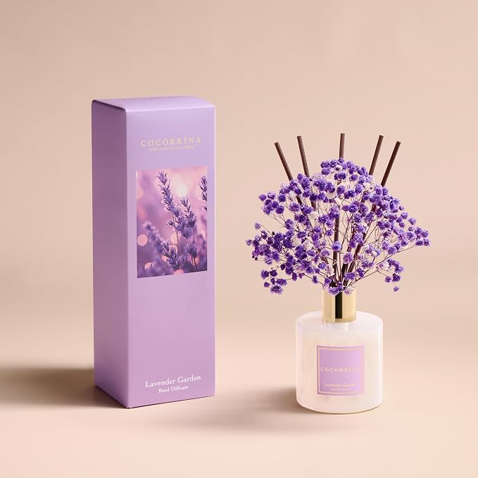 Reed Diffuser - Lavender Garden 6.7 Fl.oz Reed Diffuser Set with Sticks & Preserved Baby's Breath, Reed Diffuser for Home Bathroom Shelf Decor