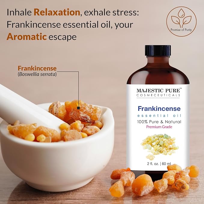 Majestic Pure Frankincense Essential Oil for Diffuser - 2 Fl Oz | 100% Natural Tea Tree Oil for Hair, Skin Care, Carrier Oil Blend, Aromatherapy & DIY Soap Making Scent