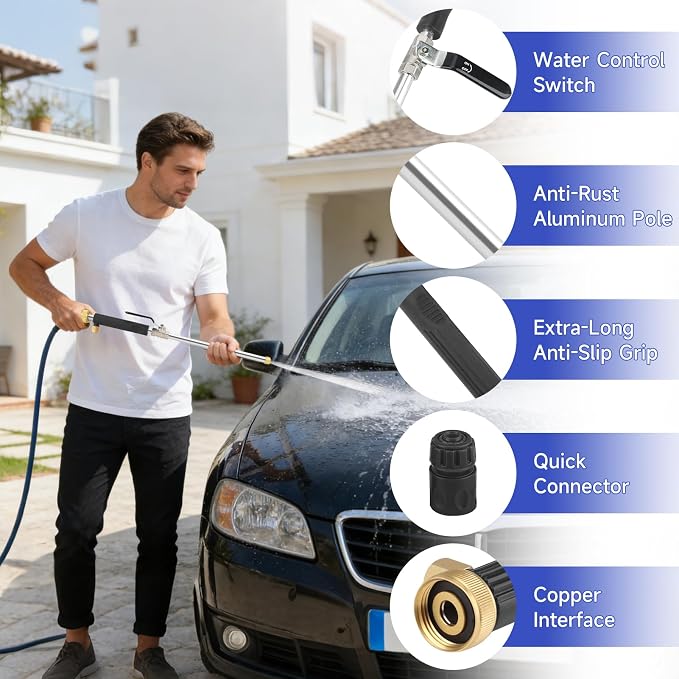 High Pressure Power Washer Wand, Hydro Jet Nozzle for Garden Hose | Watering Sprayer Cleaning Tool, Wand Lance for Gutter Patio Car Pet Window Glass, Black