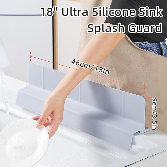 18" Upgraded Silicone Sink Splash Guard Released in 2026,Self-Draining Water Splash Guard for Kitchen Sink,Bathroom and Kitchen Island,with 3.5" High Splash Guard & 6 Strong Suction Cup(Grey)