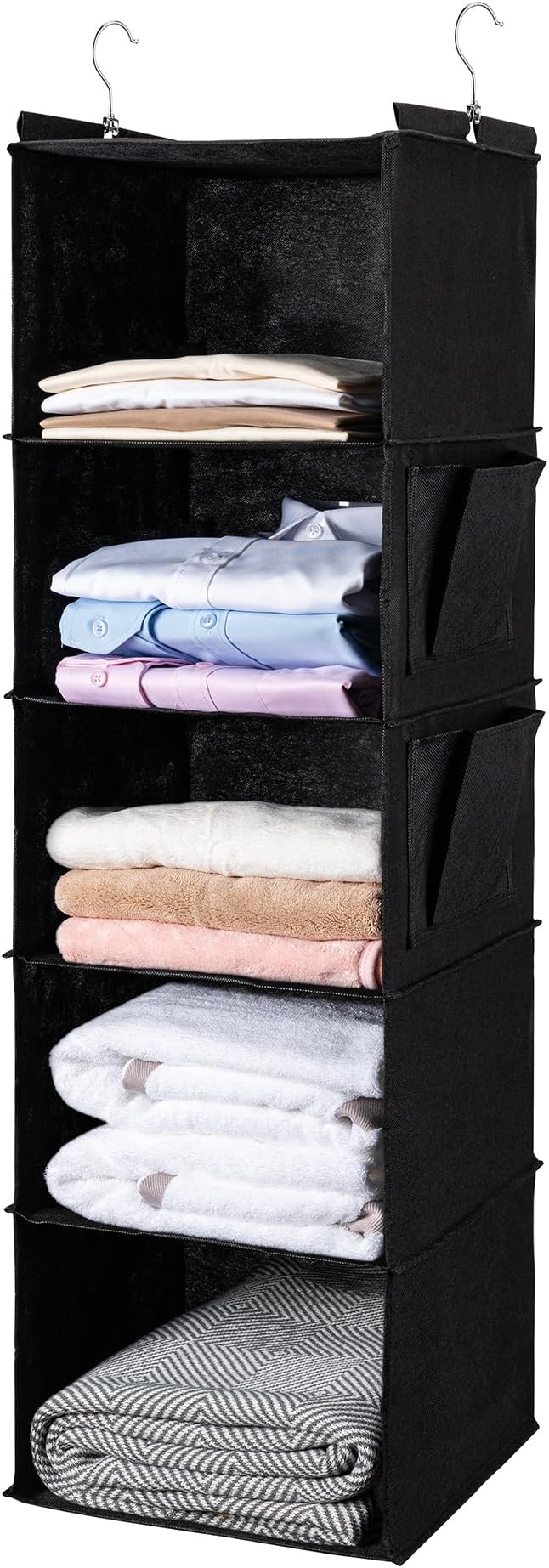 BOOMIBOO Hanging Closet Organize and Shelves,5-Hanging Shelf (Black) | Dorm Room Essentials, Clothes Organizer with 2 Side Pockets, Hanging Shelves for Closet Storage, Breathable Fabric