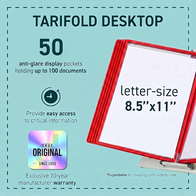 Tarifold Desktop Reference Display System, 50 Pockets, Expandable, Red | 50 double-sided PVC pockets, holds 100 letter-size sheets, sturdy metal base, quick-find indexing, quick and easy to assemble